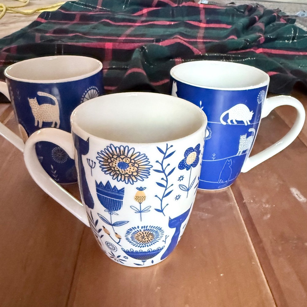 Rslee Ceramics Blue White Cat Mugs Set of 3 Folk Floral Botanical New Bone China